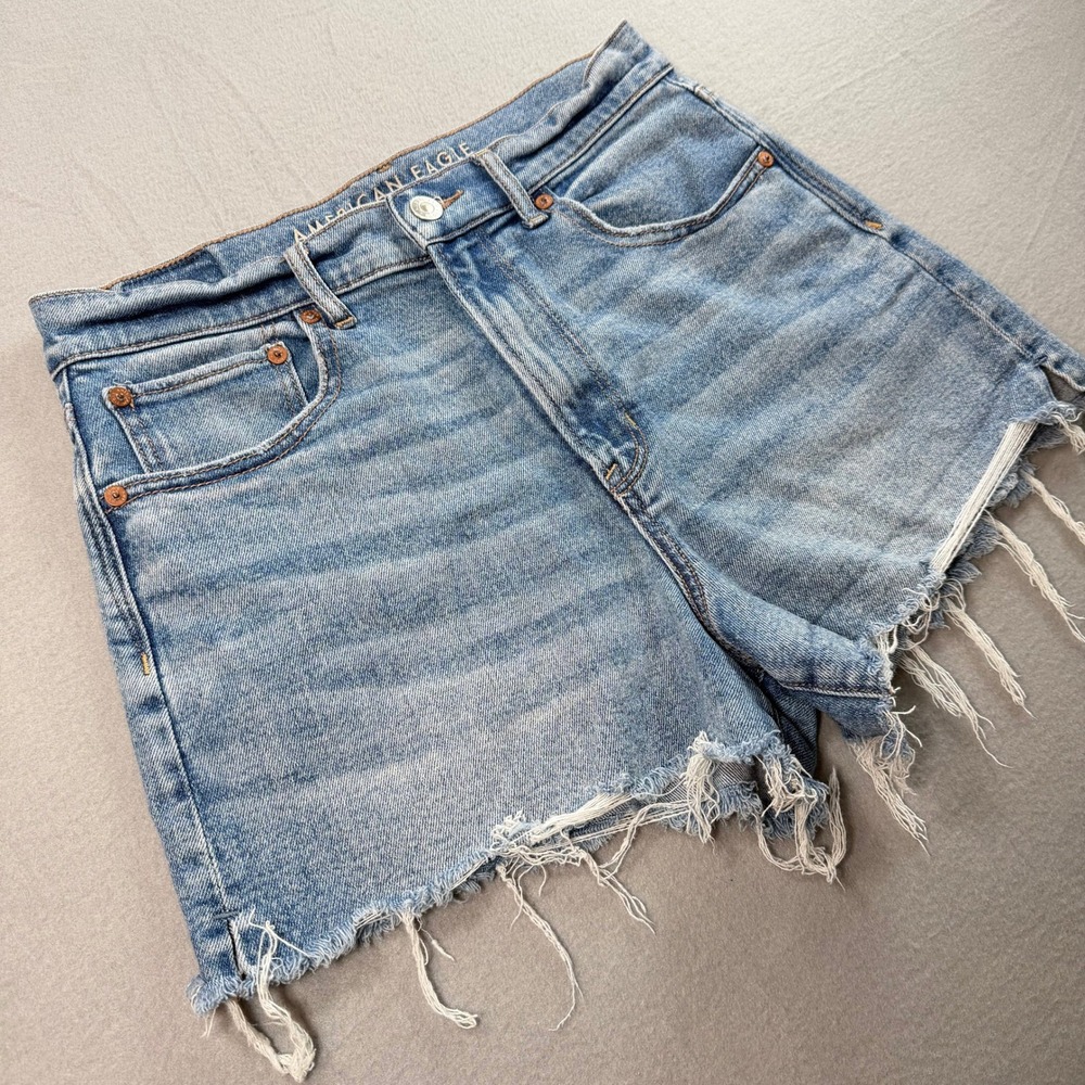 American Eagle Denim Cutoff Beach Shorts Womens 8 Blue High Rise Frayed Festival